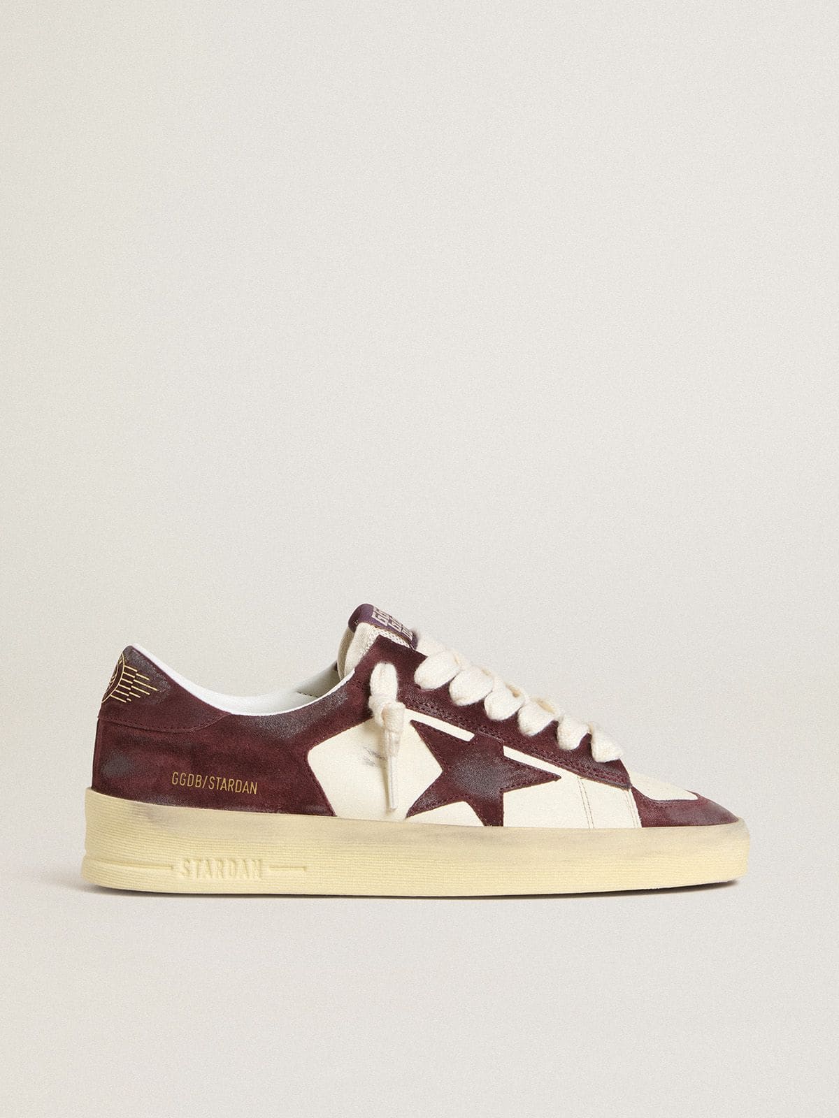 Golden Goose Womens Stardan In White Nappa With Burgundy Suede Star And Heel Tab Womens