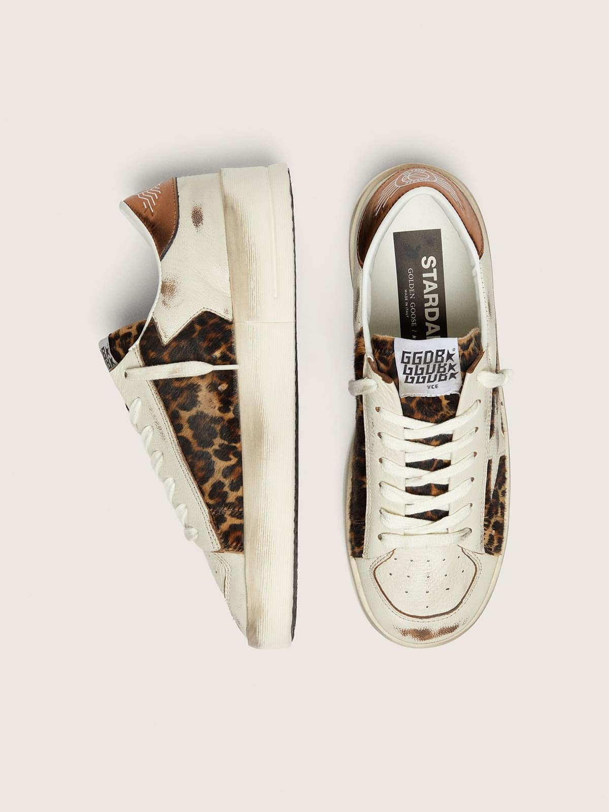 Golden Goose Womens Stardan In White Leather And Leopard Pony Skin With White Leather Star Womens