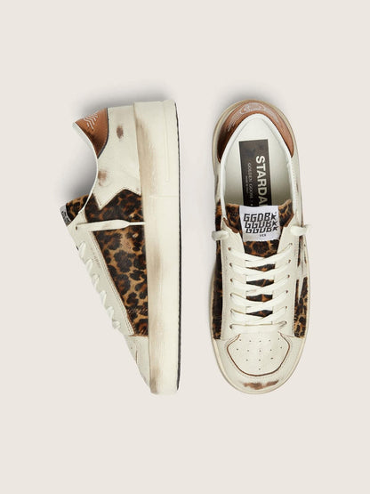 Golden Goose Womens Stardan In White Leather And Leopard Pony Skin With White Leather Star Womens