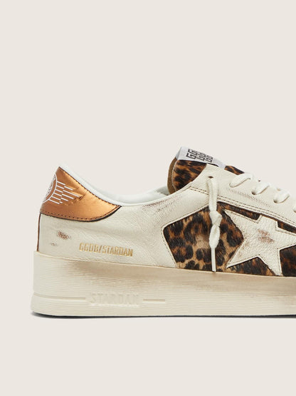 Golden Goose Womens Stardan In White Leather And Leopard Pony Skin With White Leather Star Womens
