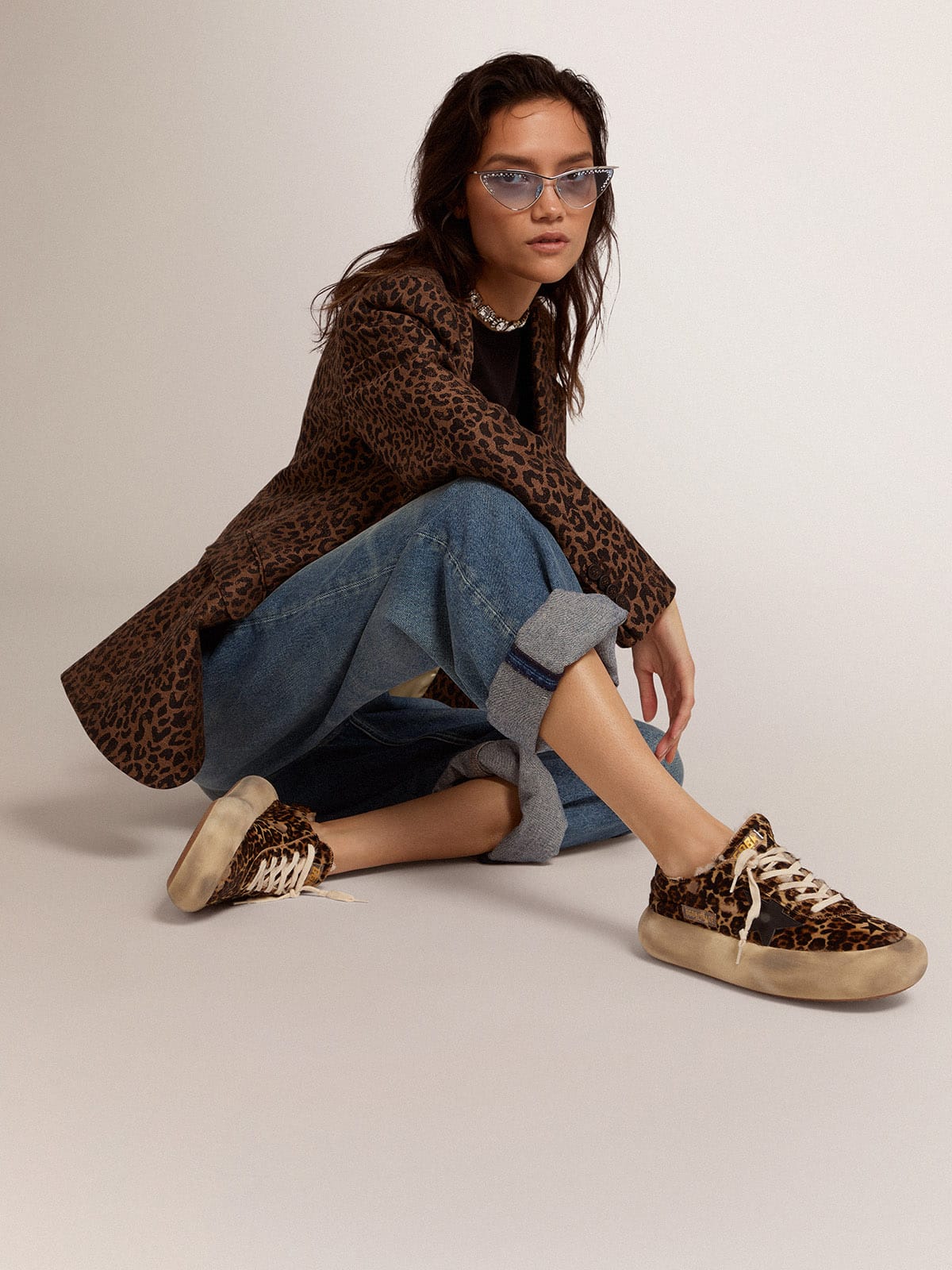 Golden Goose Womens Space-Star Shoes In Animal-Print Pony Skin With Shearling Lining Womens