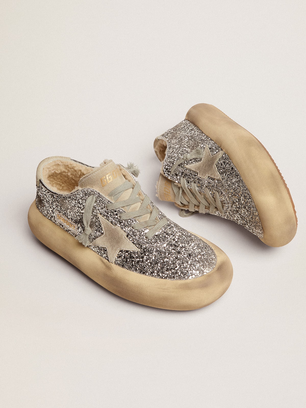 Golden Goose Womens Space-Star Shoes In Silver Glitter With Shearling Lining Womens