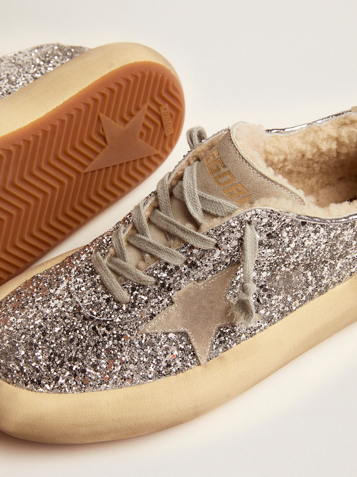 Golden Goose Womens Space-Star Shoes In Silver Glitter With Shearling Lining Womens