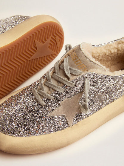 Golden Goose Womens Space-Star Shoes In Silver Glitter With Shearling Lining Womens