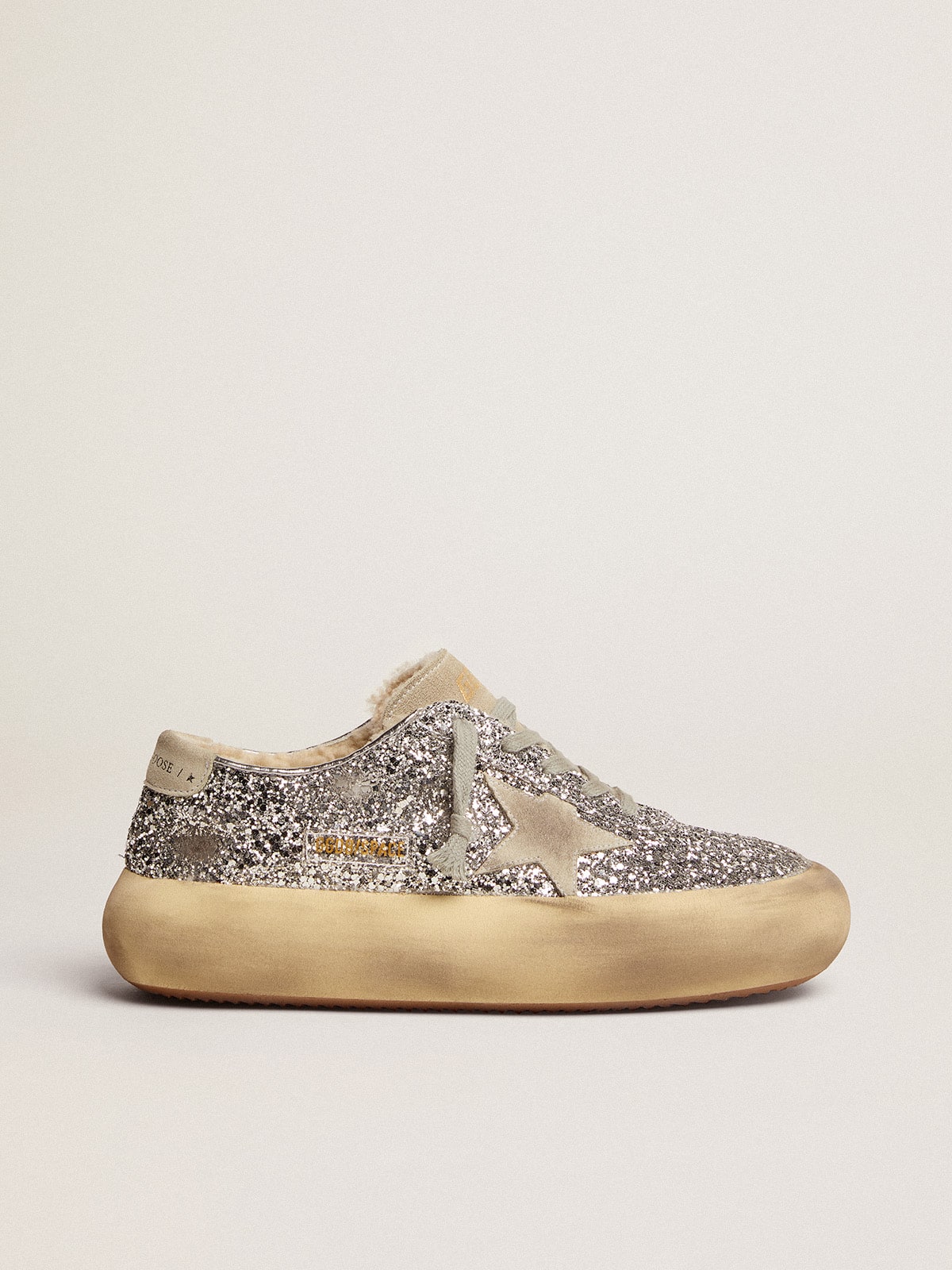 Golden Goose Womens Space-Star Shoes In Silver Glitter With Shearling Lining Womens