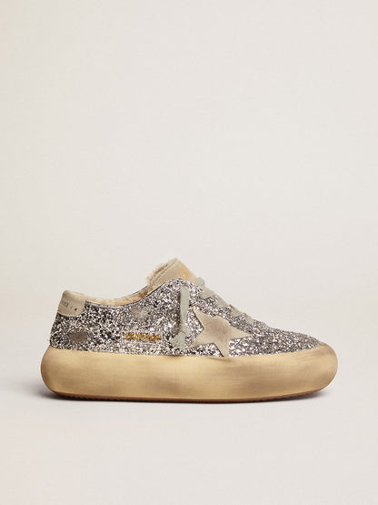 Golden Goose Womens Space-Star Shoes In Silver Glitter With Shearling Lining Womens