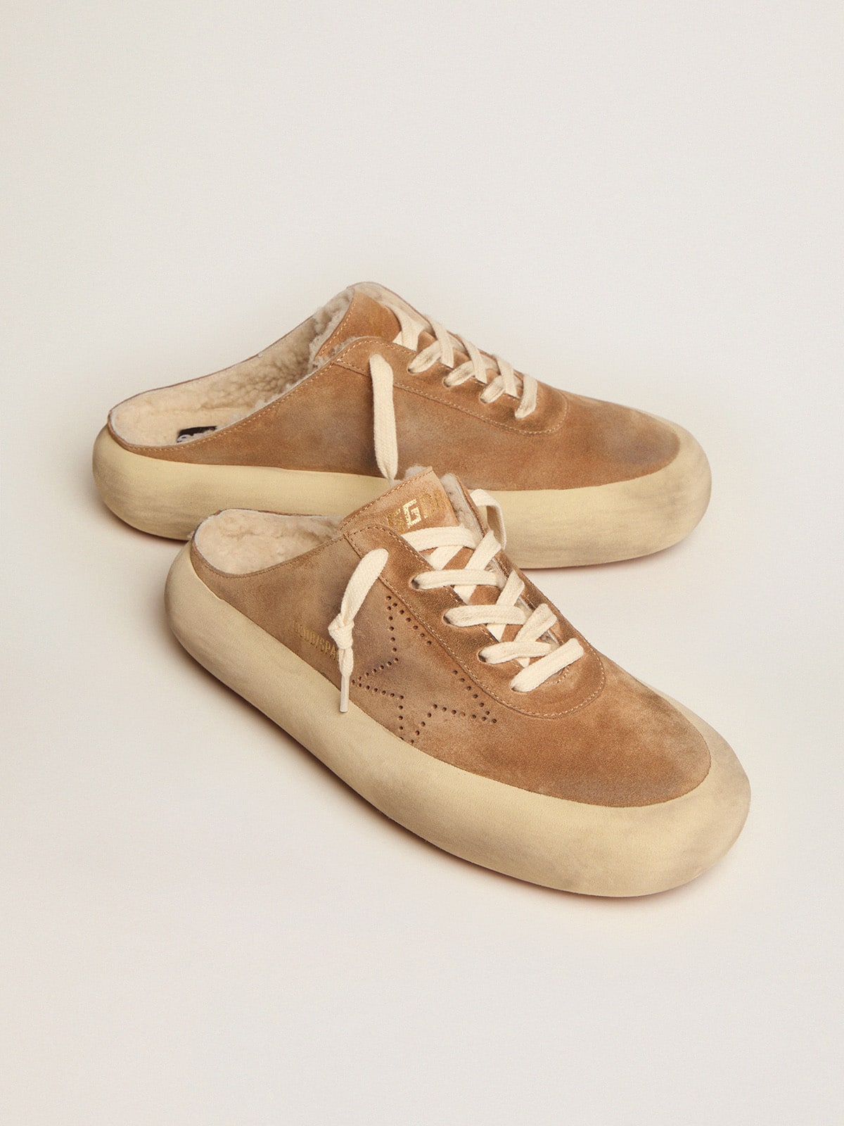 Golden Goose Womens Space-Star Sabot Shoes In Tobacco-Colored Suede With Shearling Lining Womens