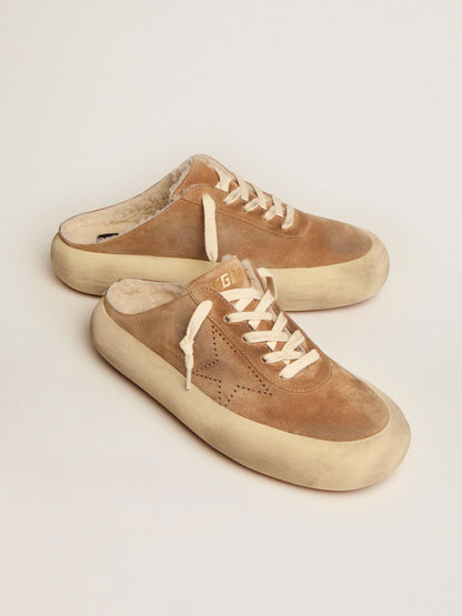 Golden Goose Womens Space-Star Sabot Shoes In Tobacco-Colored Suede With Shearling Lining Womens