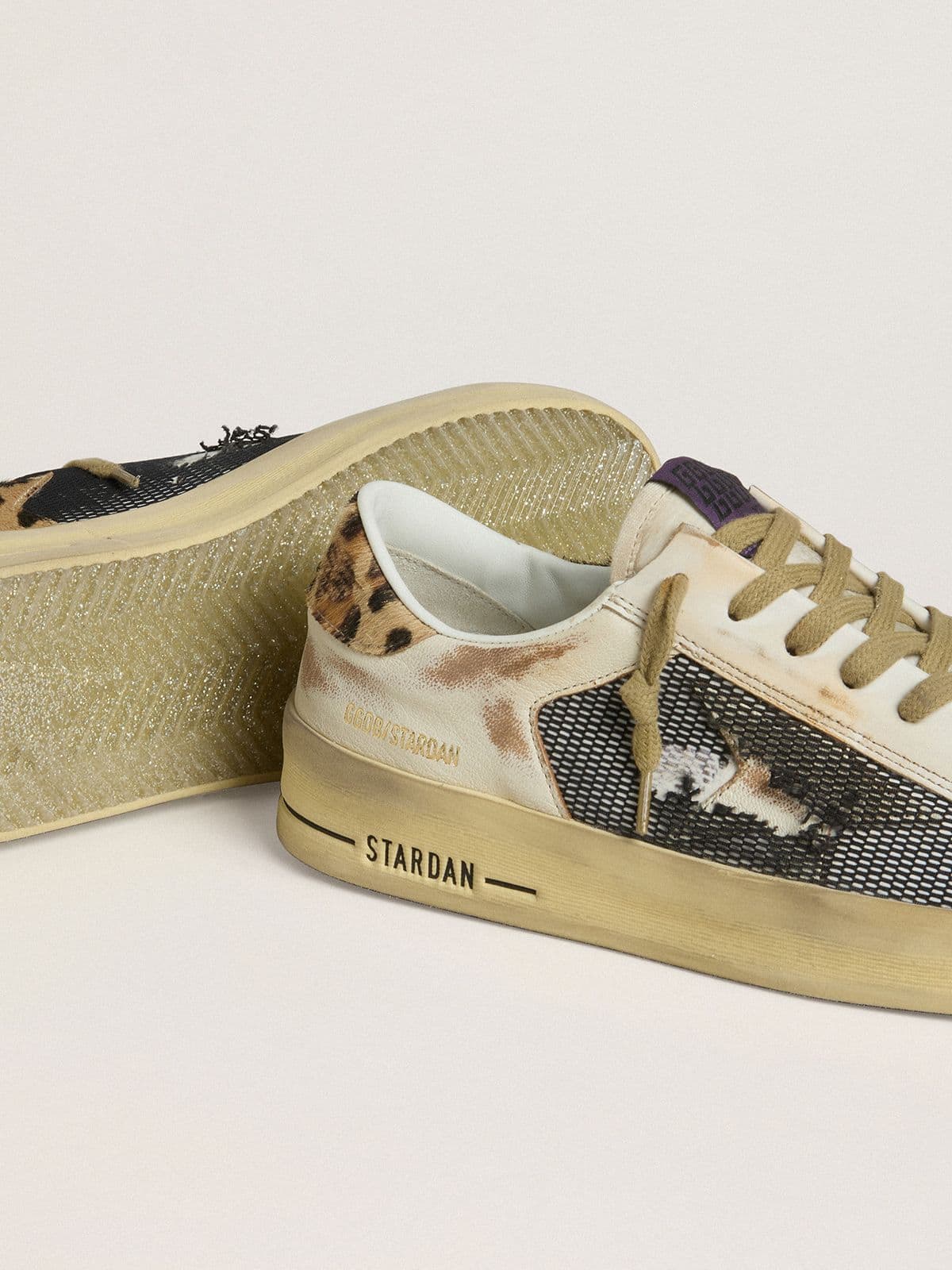 Golden Goose Womens Stardan In Nappa And Mesh With Leopard-Print Pony Skin Heel Tab Womens