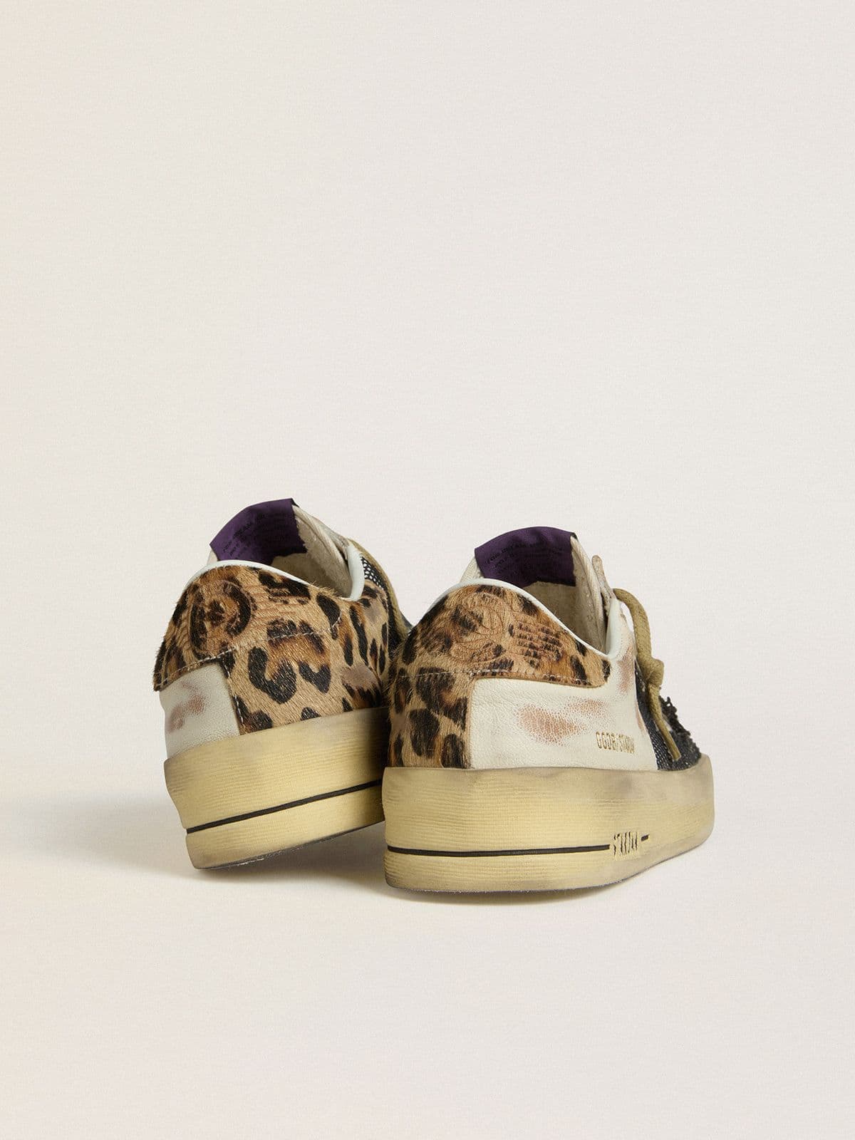 Golden Goose Womens Stardan In Nappa And Mesh With Leopard-Print Pony Skin Heel Tab Womens