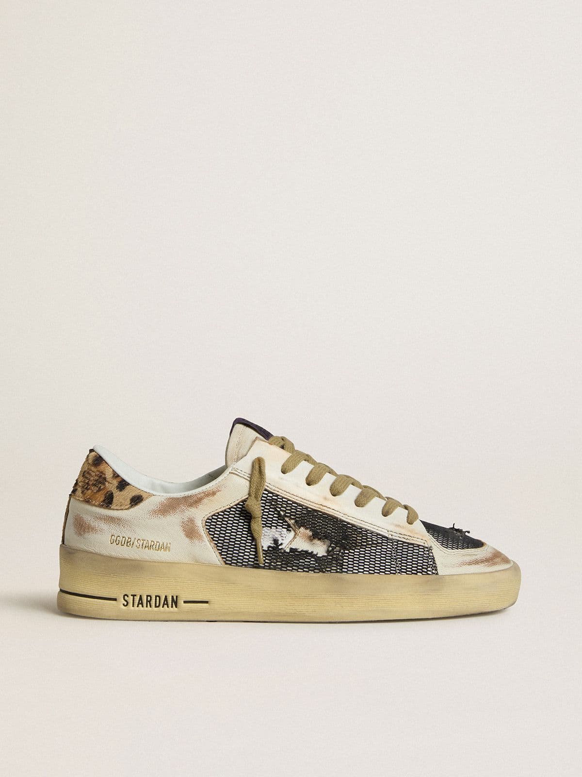 Golden Goose Womens Stardan In Nappa And Mesh With Leopard-Print Pony Skin Heel Tab Womens
