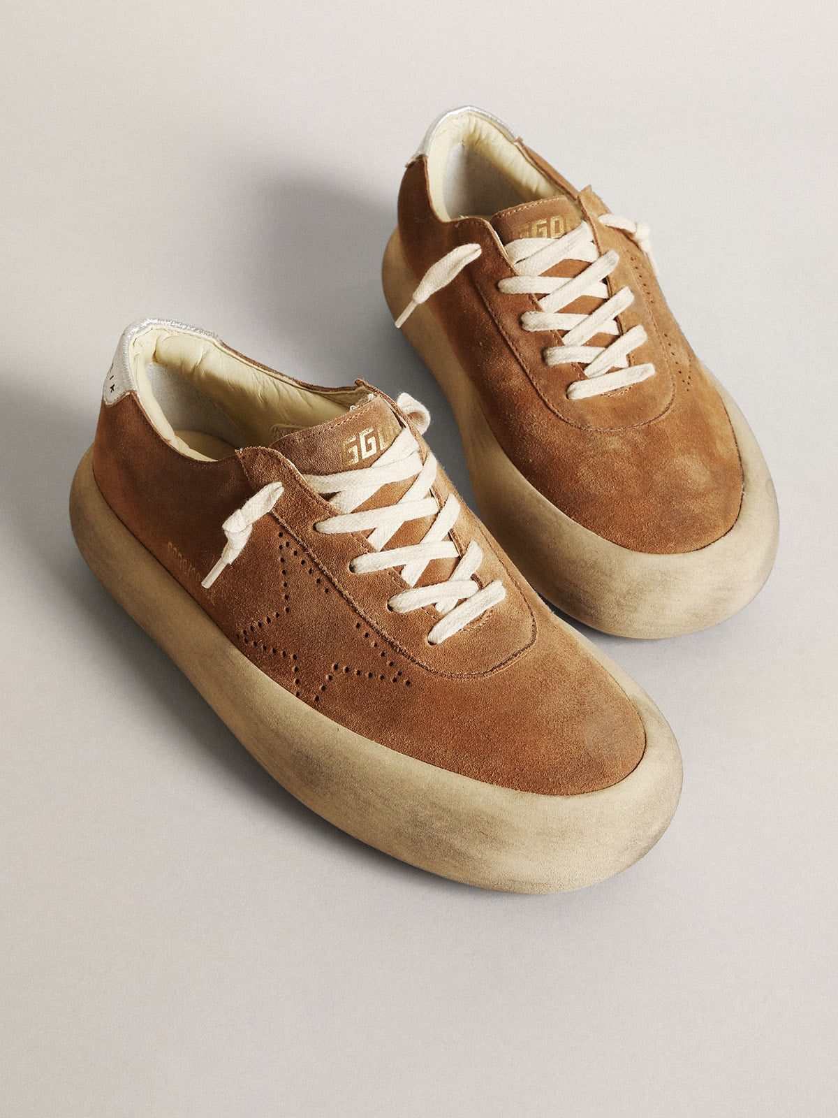 Golden Goose Womens Space-Star In Tobacco-Colored Suede With Perforated Star Womens