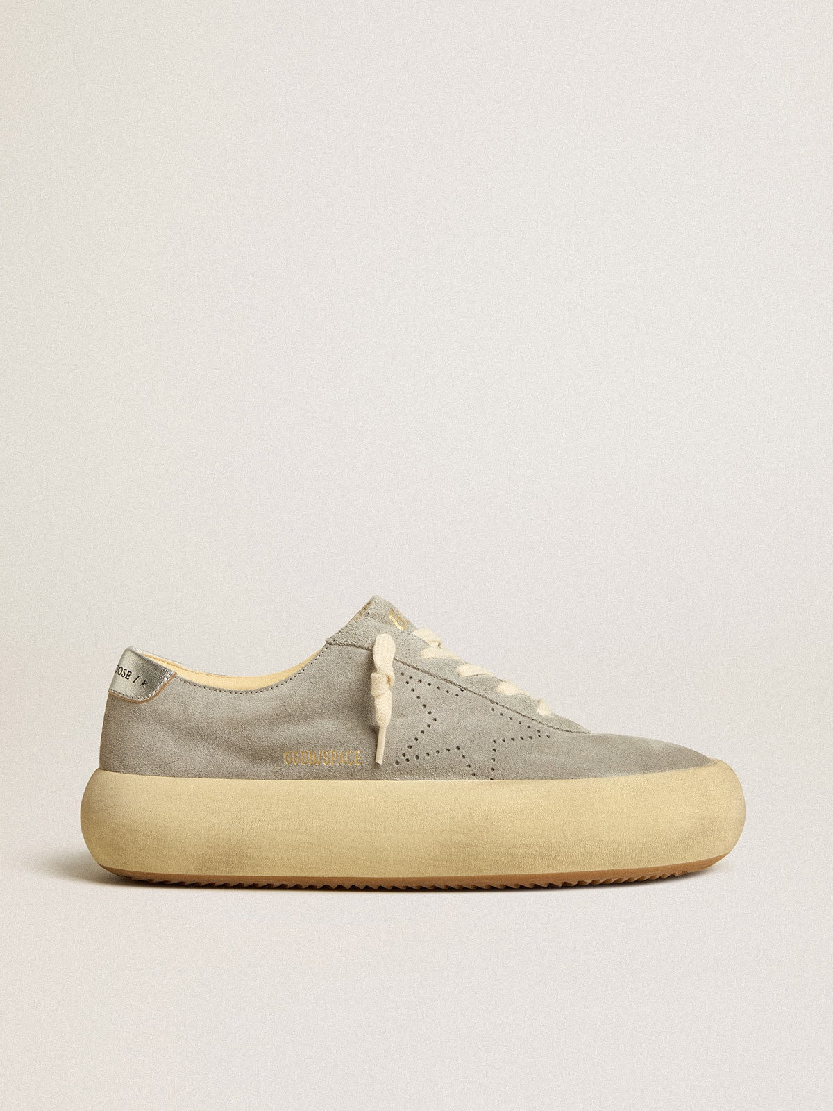 Golden Goose Womens Space-Star Shoes In Ice-Gray Suede With Perforated Star Womens