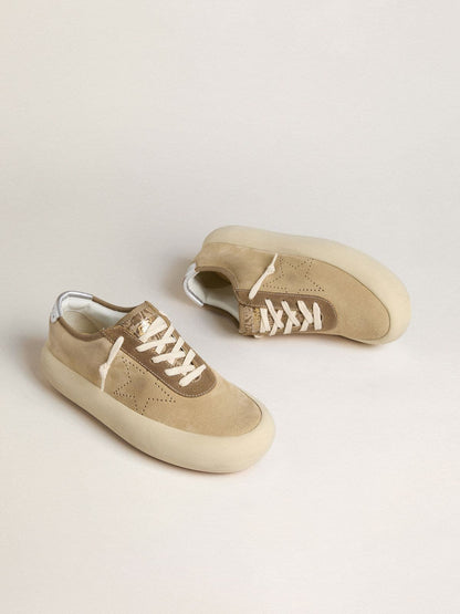 Golden Goose Womens Space-Star In Beige Suede With Perforated Star And Metallic Silver Heel Tab Womens