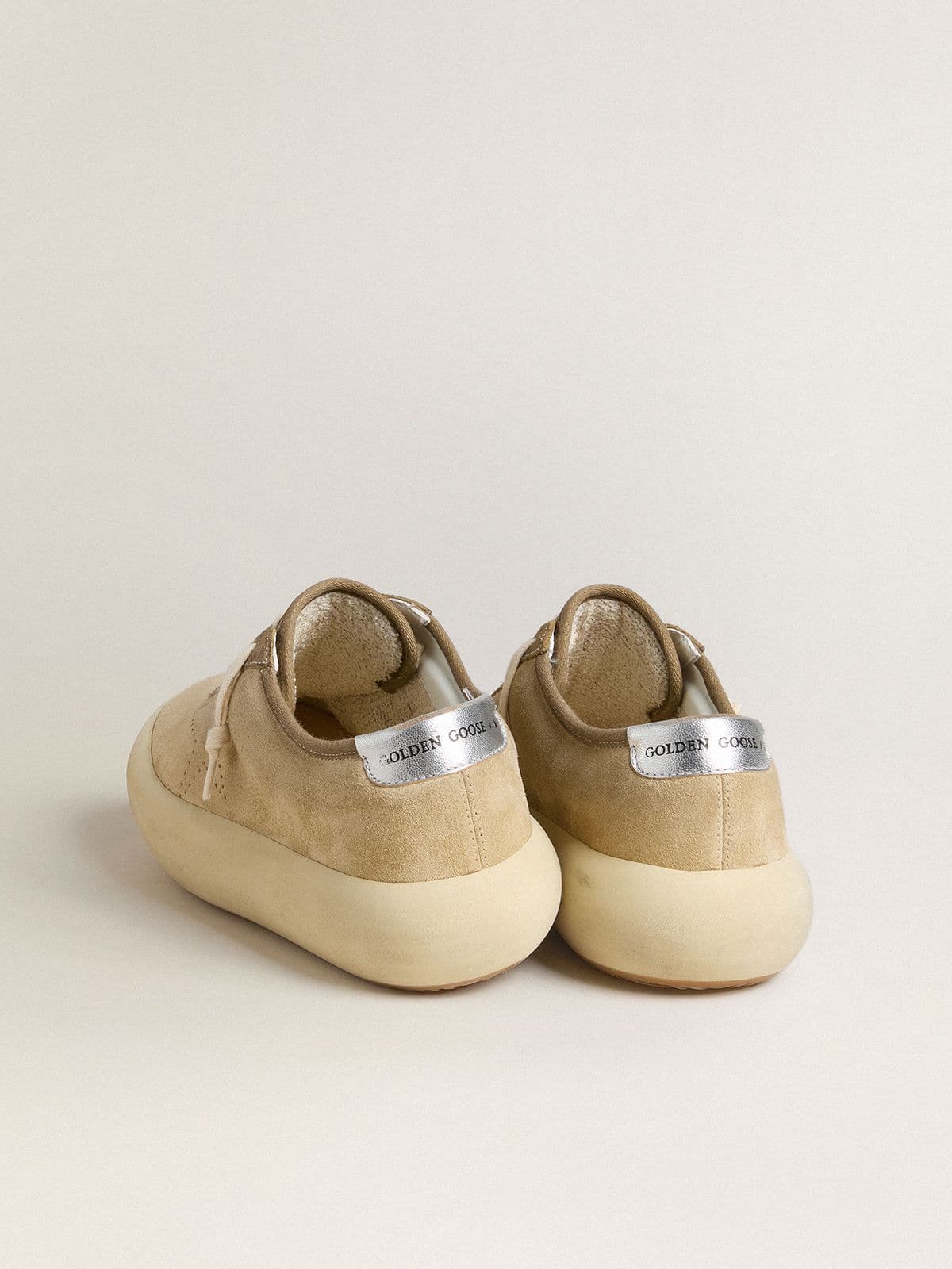 Golden Goose Womens Space-Star In Beige Suede With Perforated Star And Metallic Silver Heel Tab Womens