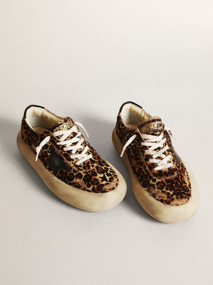 Golden Goose Womens Space-Star In Leopard Print Pony Skin With Black Star Womens