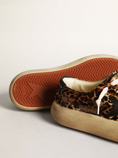 Golden Goose Womens Space-Star In Leopard Print Pony Skin With Black Star Womens
