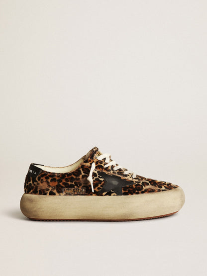 Golden Goose Womens Space-Star In Leopard Print Pony Skin With Black Star Womens