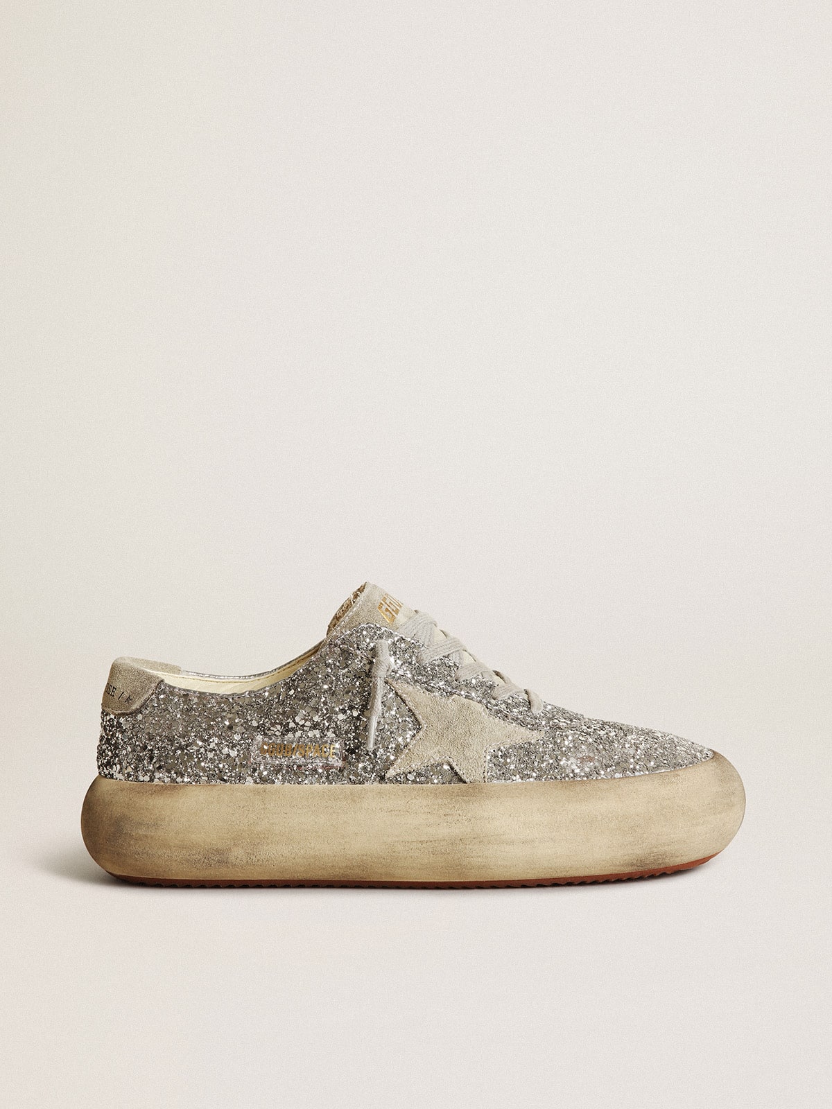 Golden Goose Womens Space-Star In Silver Glitter With Ice-Gray Star Womens
