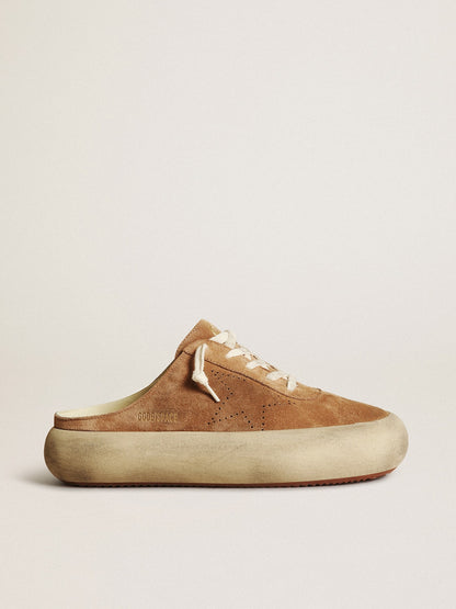 Golden Goose Womens Space-Star Sabot In Tobacco-Colored Suede With Perforated Star Womens