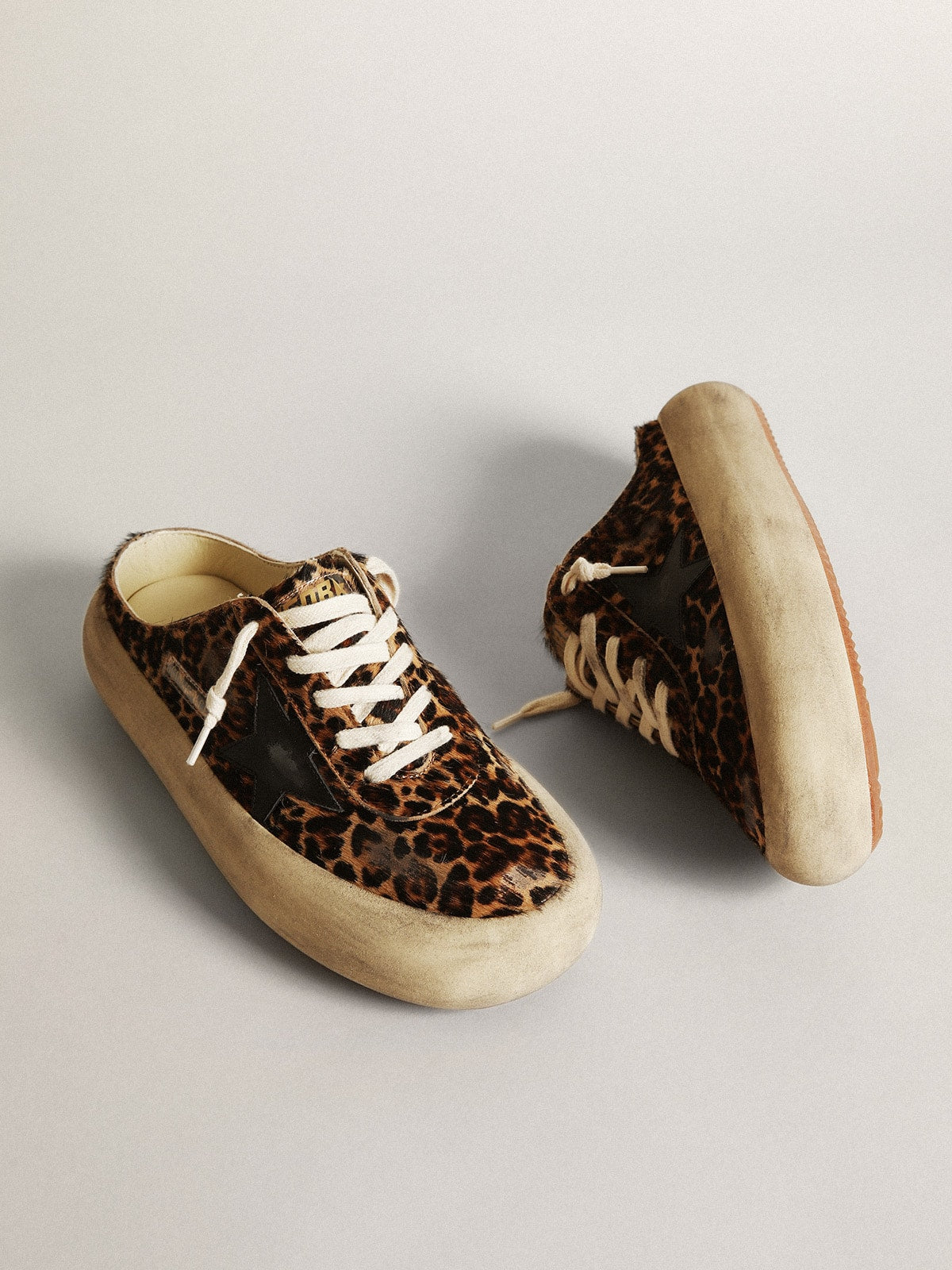 Golden Goose Womens Space-Star Sabot In Leopard Print Pony Skin With Black Star Womens