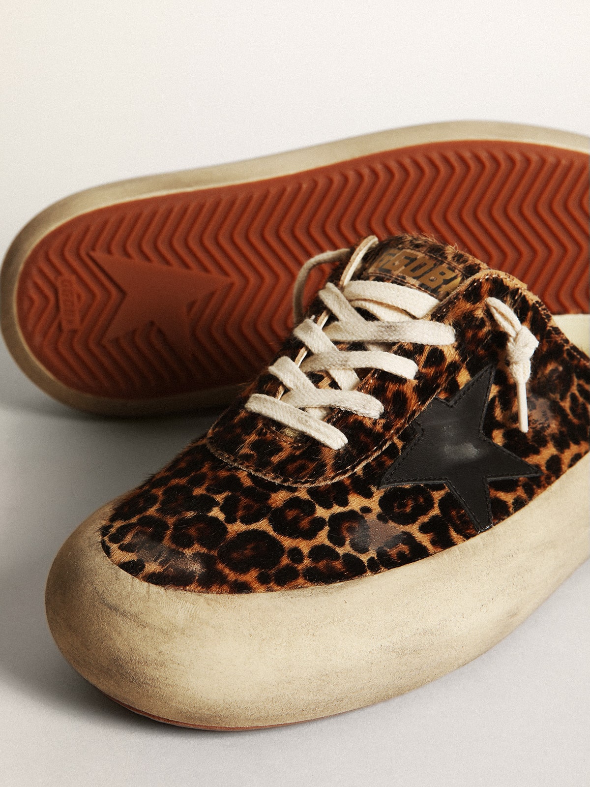 Golden Goose Womens Space-Star Sabot In Leopard Print Pony Skin With Black Star Womens