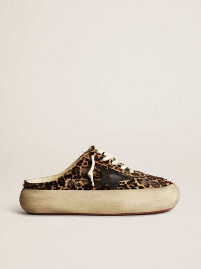 Golden Goose Womens Space-Star Sabot In Leopard Print Pony Skin With Black Star Womens