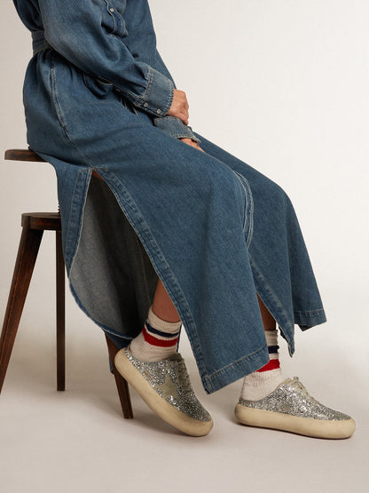 Golden Goose Womens Space-Star Sabot In Glitter With Ice-Gray Star And Tab Womens