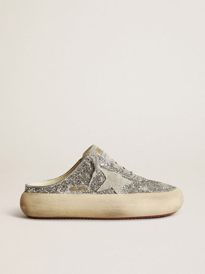 Golden Goose Womens Space-Star Sabot In Glitter With Ice-Gray Star And Tab Womens