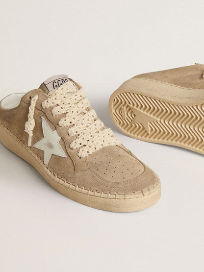 Golden Goose Womens Ball Star Sabot In Beige Suede With White Leather Star Womens
