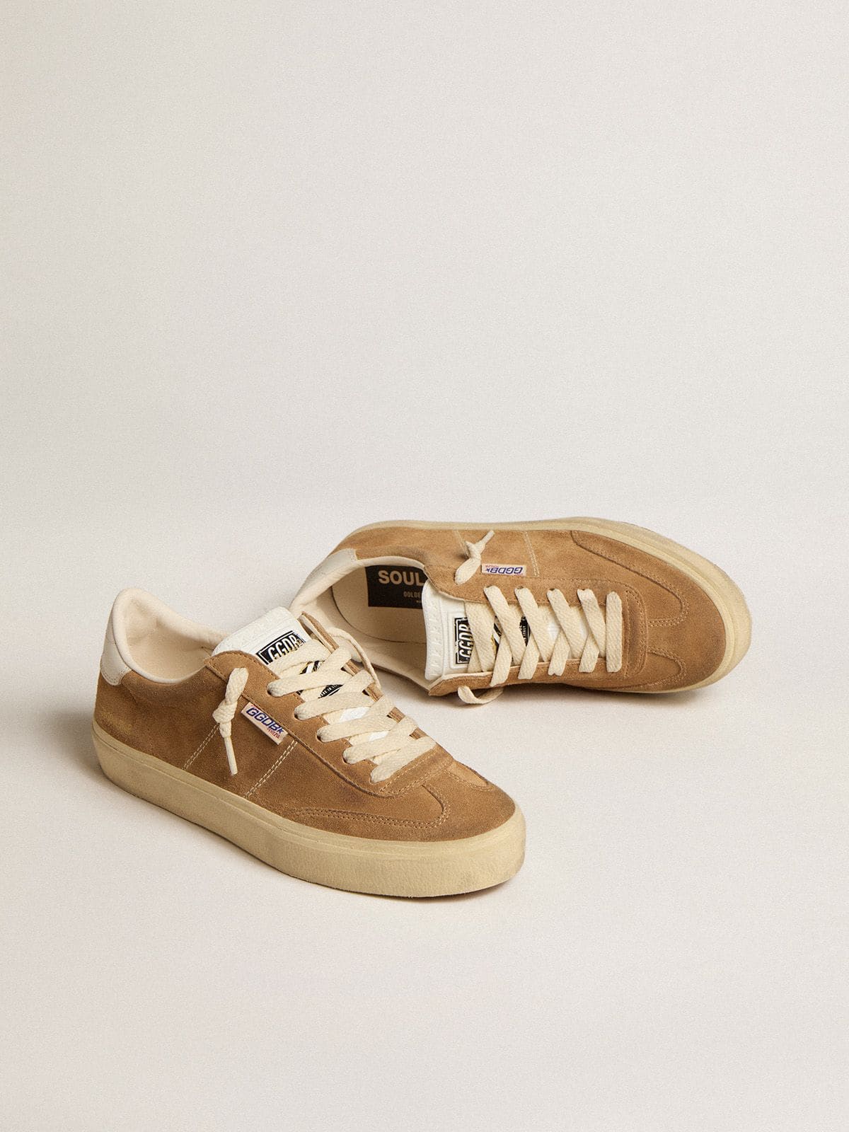 Golden Goose Womens Soul Star In Camel-Colored Suede With White Leather Heel Tab And Tongue Womens