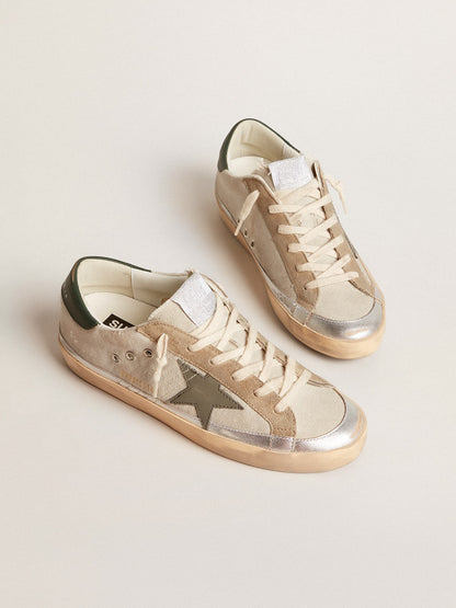 Golden Goose Super-Star In Gray Canvas With A Green Leather Star And Heel Tab Womens