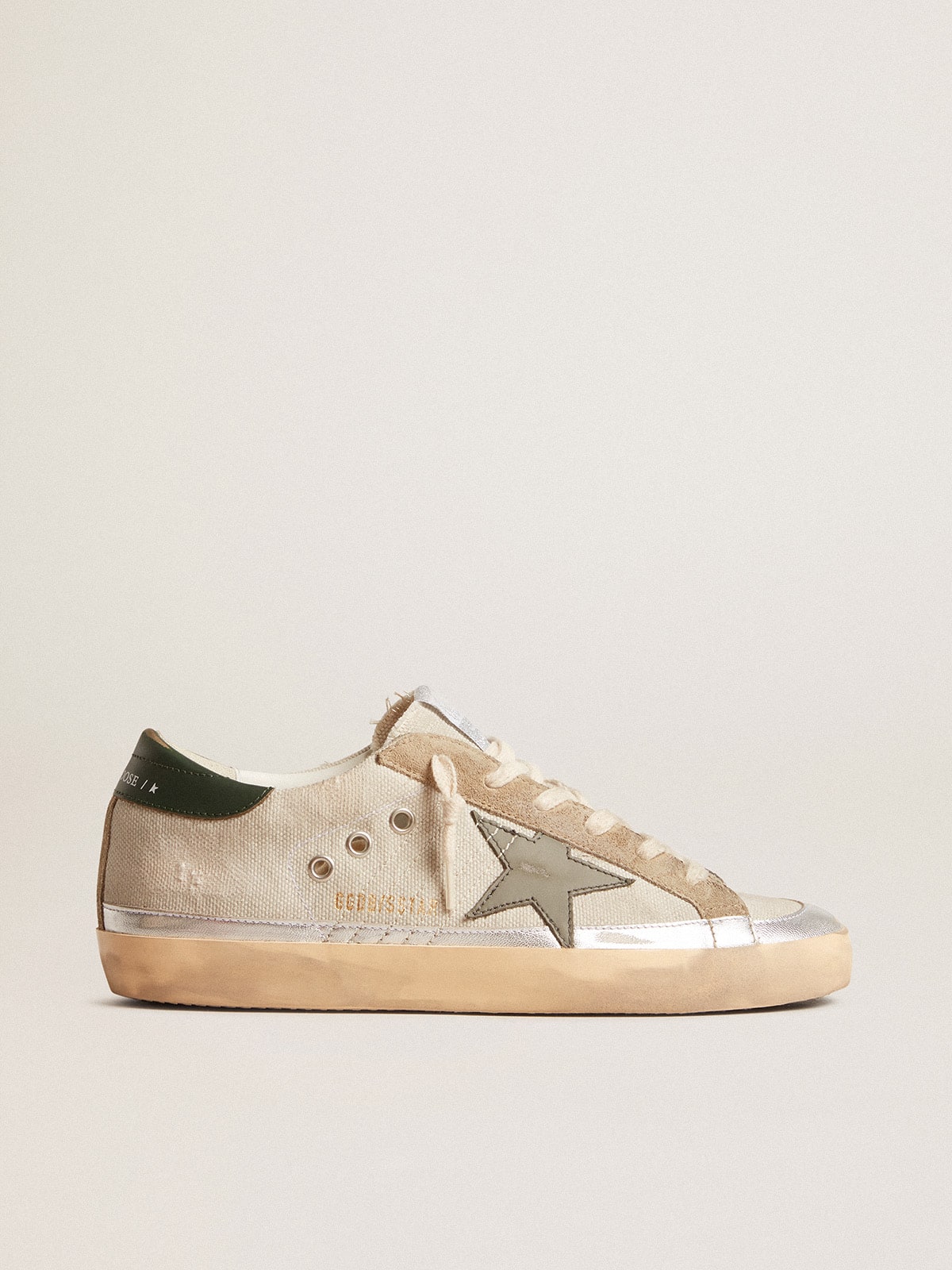 Golden Goose Super-Star In Gray Canvas With A Green Leather Star And Heel Tab Womens