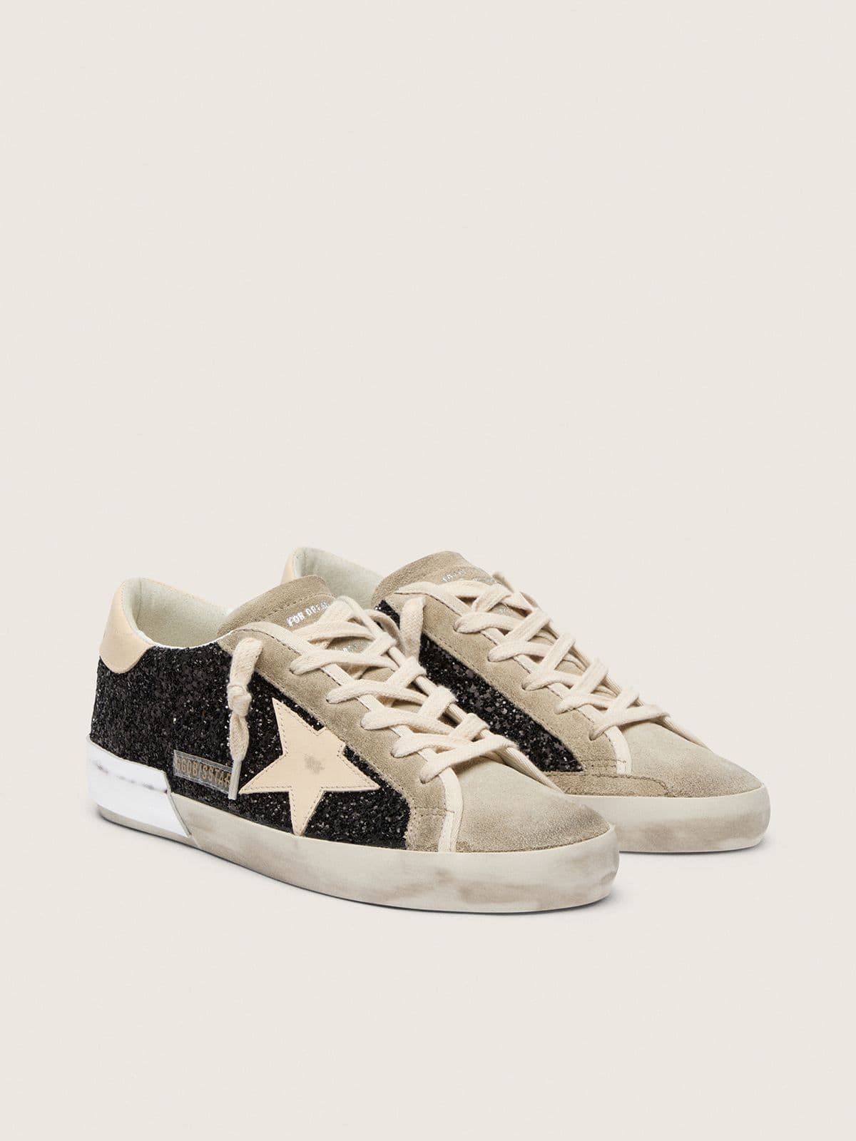 Golden Goose Super-Star In Black Glitter With Cream Star And Suede Inserts Womens