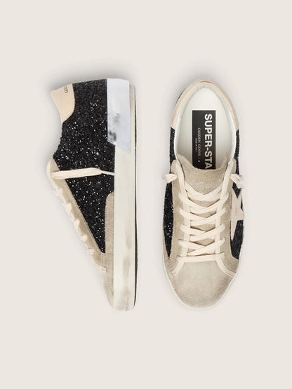 Golden Goose Super-Star In Black Glitter With Cream Star And Suede Inserts Womens
