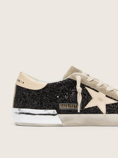 Golden Goose Super-Star In Black Glitter With Cream Star And Suede Inserts Womens