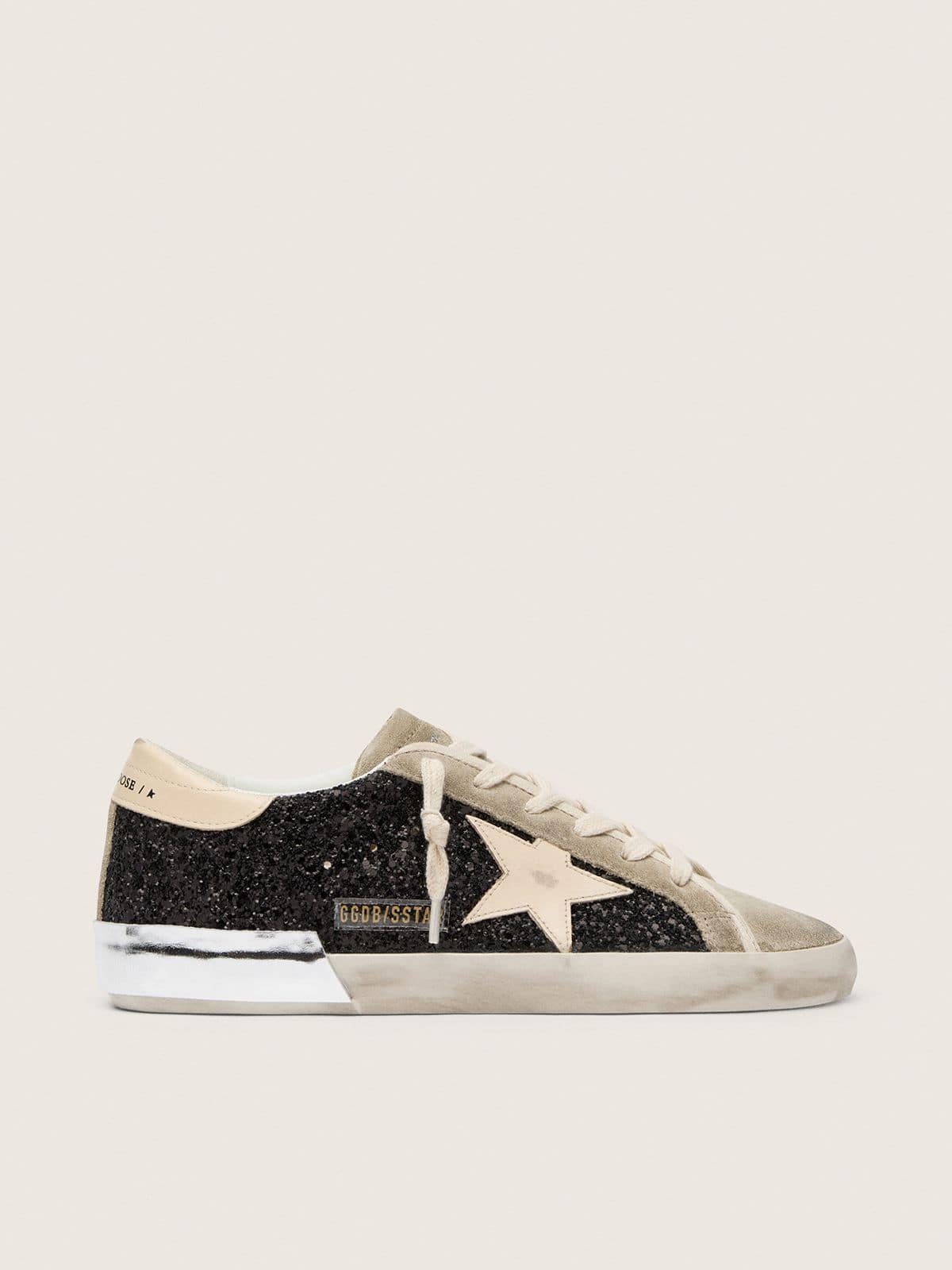 Golden Goose Super-Star In Black Glitter With Cream Star And Suede Inserts Womens