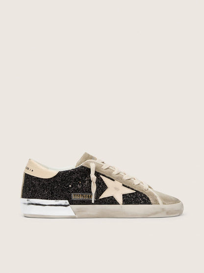 Golden Goose Super-Star In Black Glitter With Cream Star And Suede Inserts Womens