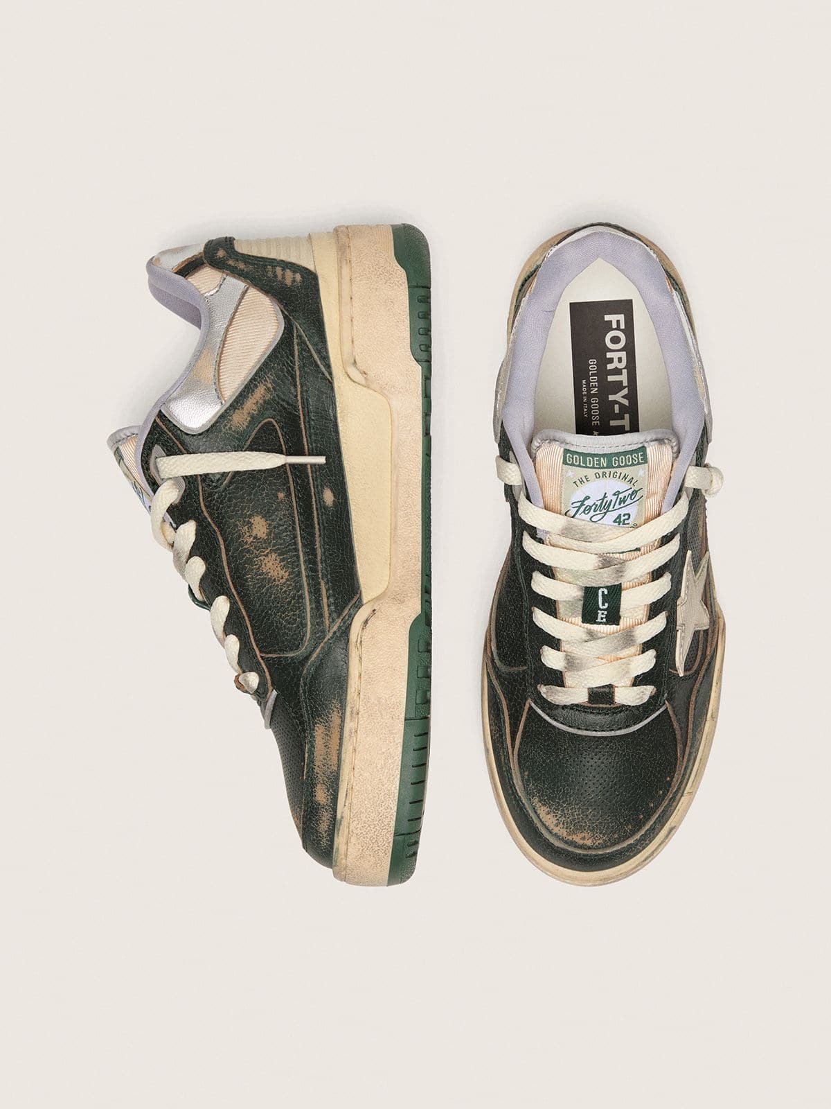 Golden Goose Womens Forty2 In Green Leather And Cream Nylon With Tpu Star And Silver Leather Heel Tab Womens