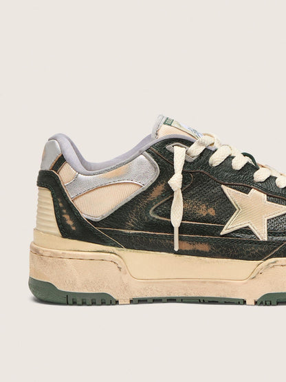 Golden Goose Womens Forty2 In Green Leather And Cream Nylon With Tpu Star And Silver Leather Heel Tab Womens