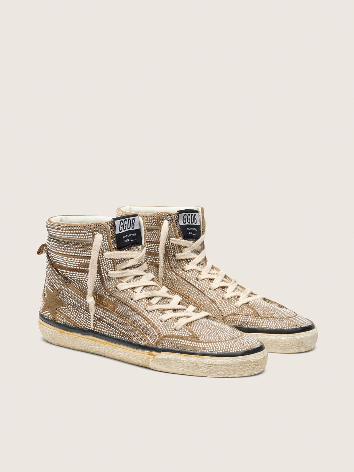 Golden Goose Womens Slide Lab Sneakers In Tobacco-Colored Suede With Crystals And Tobacco-Colored Suede Star Womens