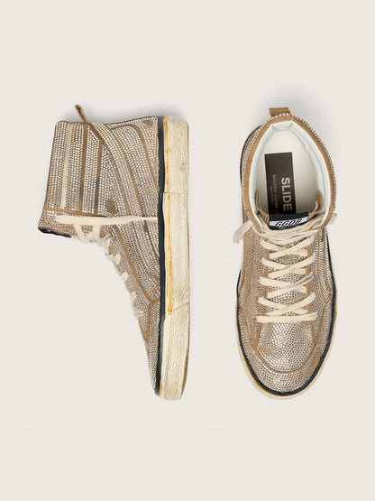 Golden Goose Womens Slide Lab Sneakers In Tobacco-Colored Suede With Crystals And Tobacco-Colored Suede Star Womens