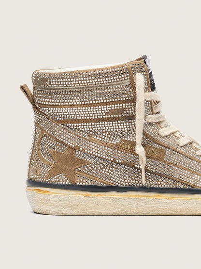 Golden Goose Womens Slide Lab Sneakers In Tobacco-Colored Suede With Crystals And Tobacco-Colored Suede Star Womens