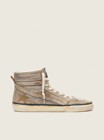 Golden Goose Womens Slide Lab Sneakers In Tobacco-Colored Suede With Crystals And Tobacco-Colored Suede Star Womens