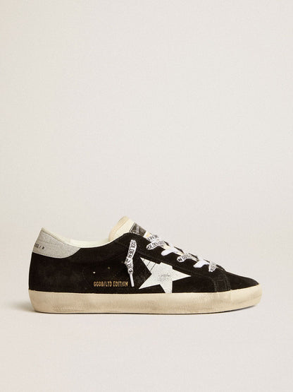Golden Goose Womens Super-Star Ltd In Black Suede With White Printed Star And Silver Glitter Heel Tab Womens