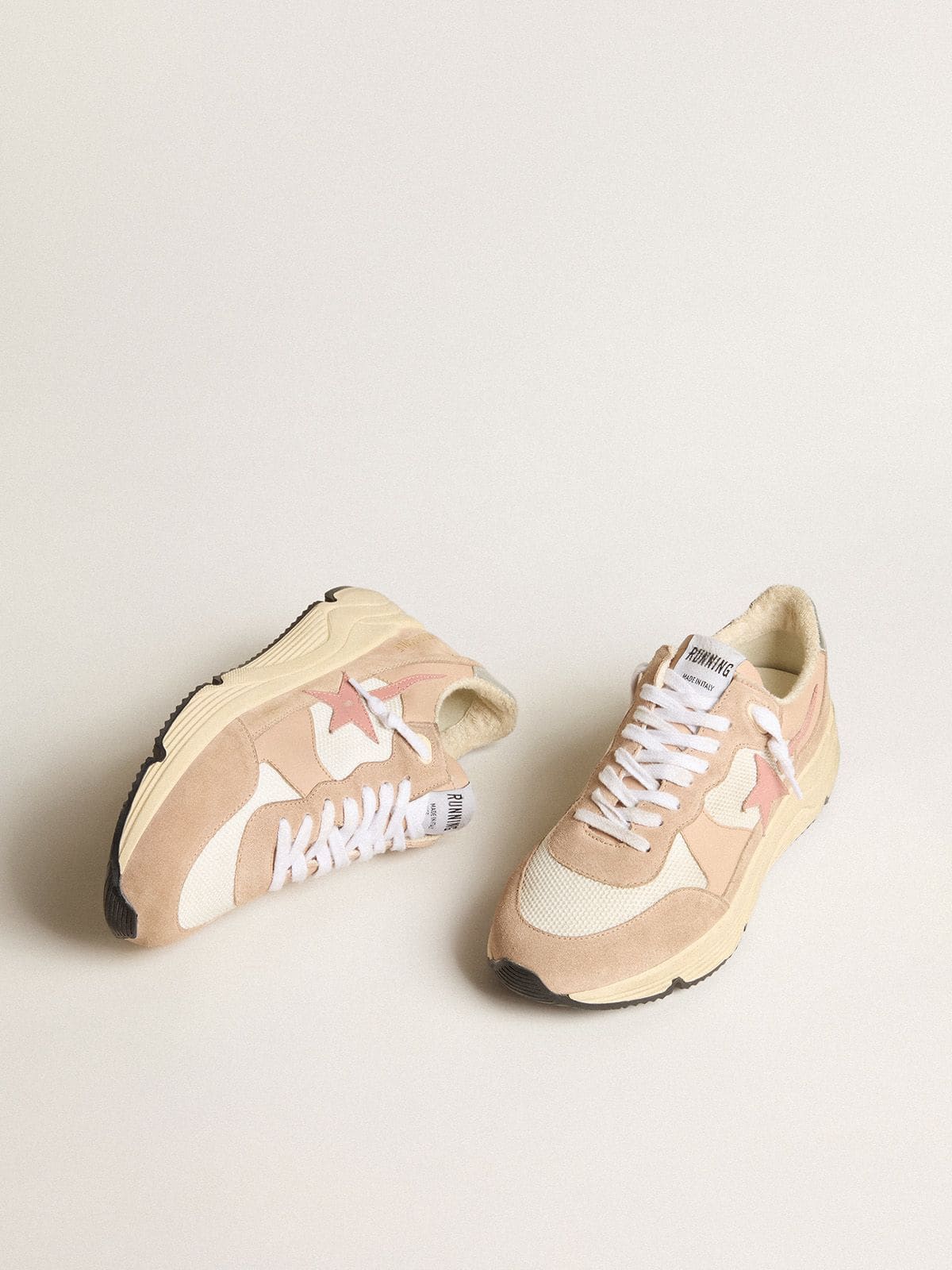 Golden Goose Womens Running Sole In Mesh And Suede With Pink Star And Silver Heel Tab Womens
