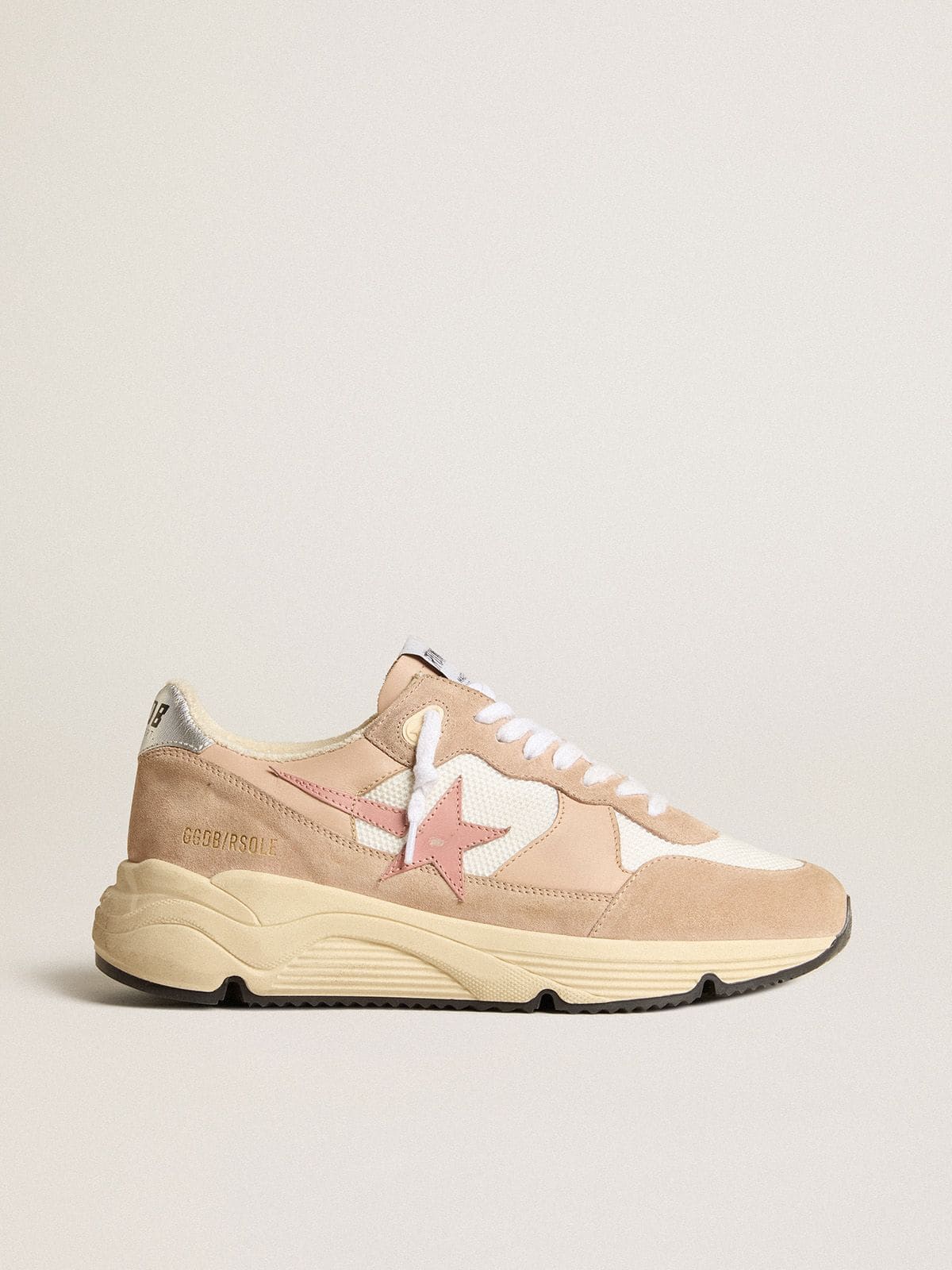 Golden Goose Womens Running Sole In Mesh And Suede With Pink Star And Silver Heel Tab Womens