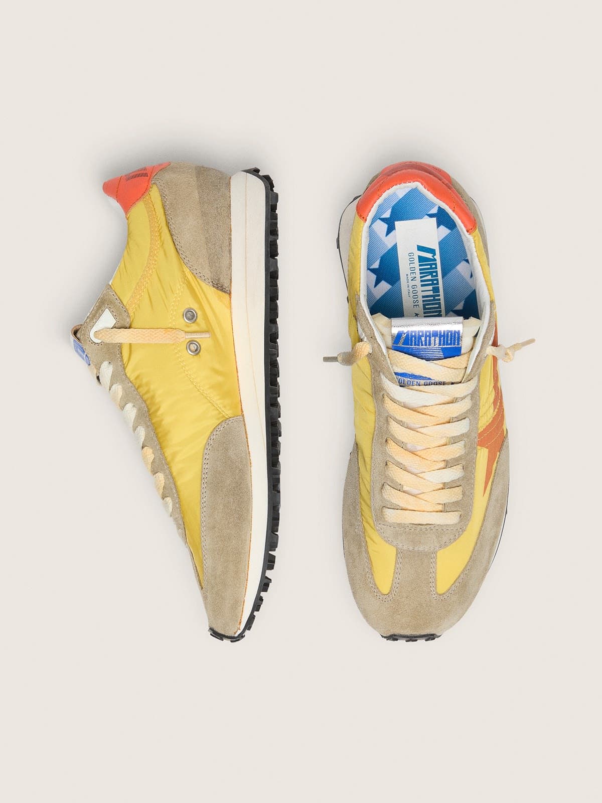 Golden Goose Womens Marathon With Yellow Nylon Upper And Orange Star Womens