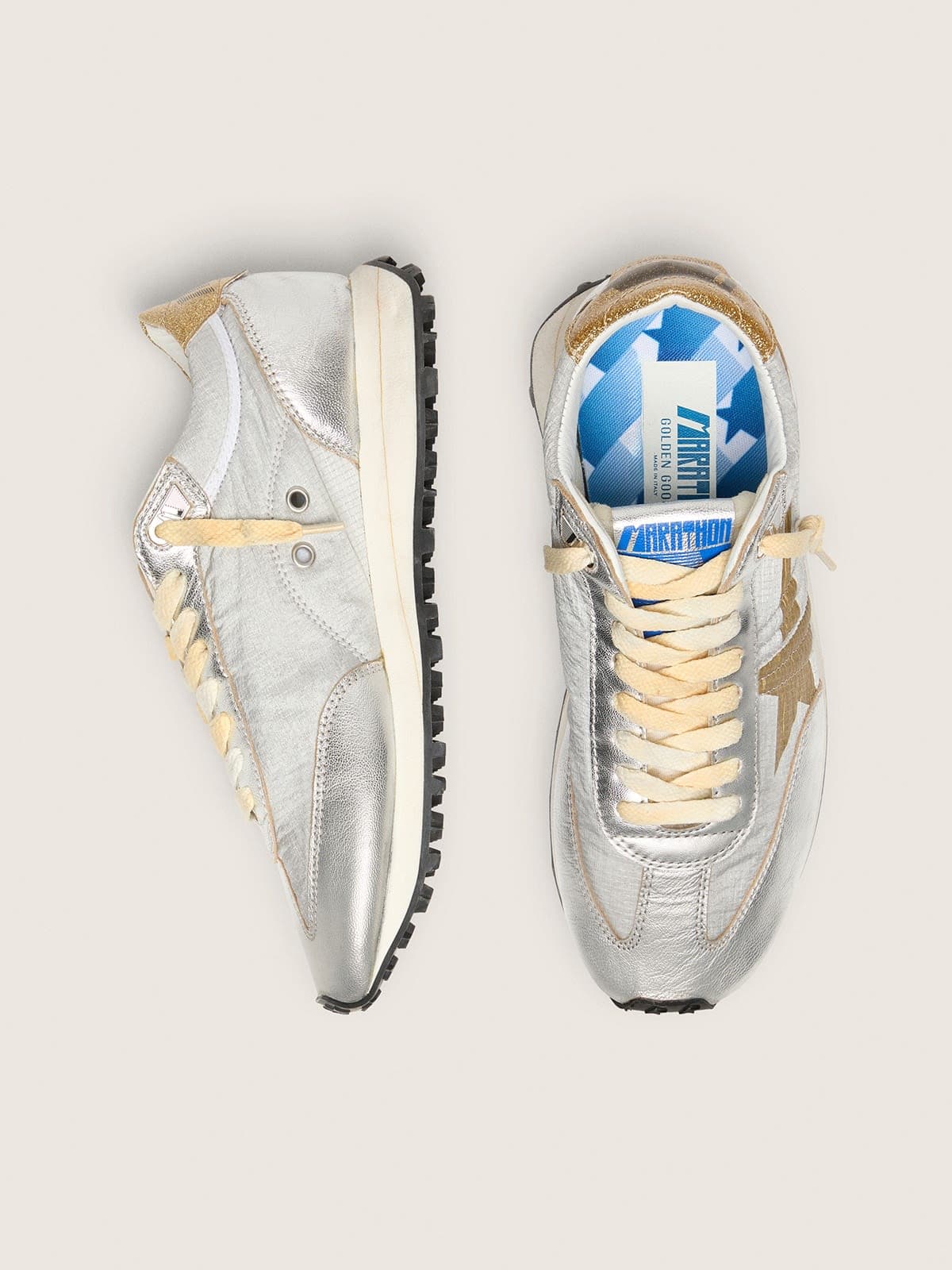 Golden Goose Womens Marathon With Silver Ripstop Nylon Upper And Gold Star Womens