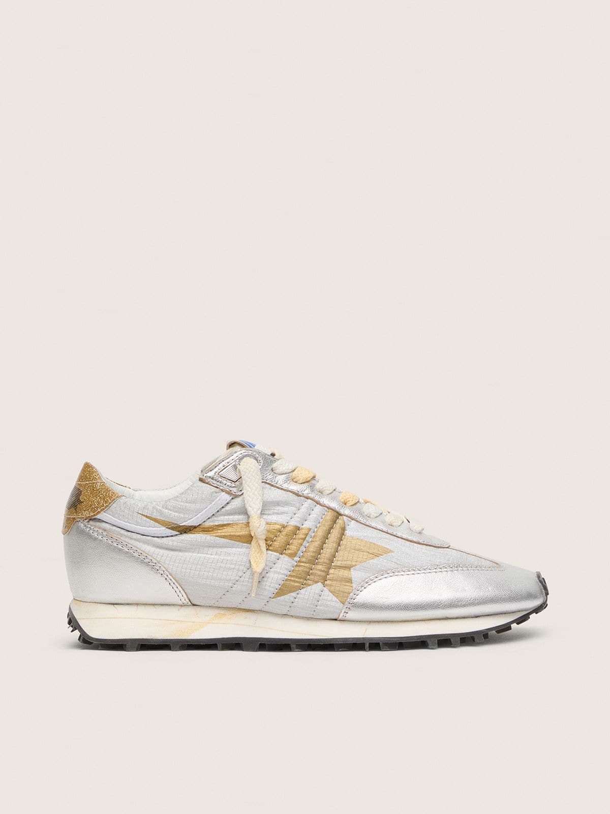 Golden Goose Womens Marathon With Silver Ripstop Nylon Upper And Gold Star Womens